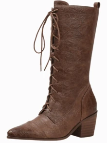 Women's Easter Leather Brown Mid Calf Boots Lace Up Chunky Heel Vintage Combat Heeled Dress Casual Boots Country Concert Combat Boots For Women - 棕色 - 查看 9