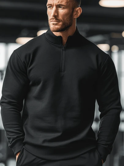 Herr enfärgad sporttröja med halv dragkedja, enkel och trendig vardagskläder tjock, ledig, lös, mångsidig, pullover för vår och höst, tjock för värme, termiskt fodrade kläder, gymkläder