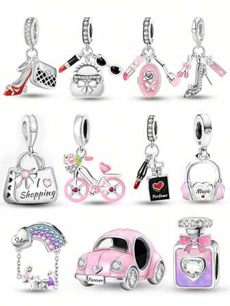 1 pieza Colgante con diseño lindo de conejo, bicicleta, zapato de tacón alto, escarabajo, perfume, plata enchapada, adecuado para pulseras, joyería de mujer DIY