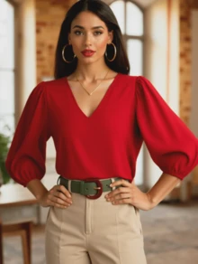 Blusa Feminina Social Gola V com Manga Bufante em Tecido Crepinho – Elegante, Leve e Versátil para Trabalho ou Dia a Dia | P • M • G - Vermelho - Visão 1
