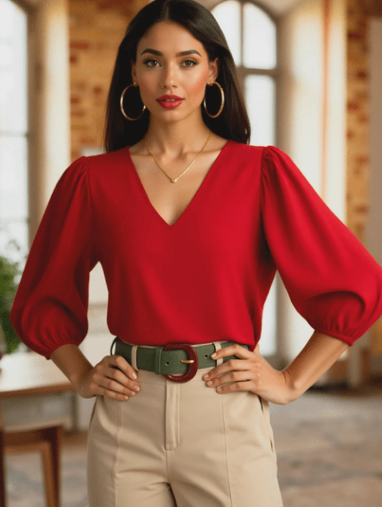 Blusa Feminina Social Gola V com Manga Bufante em Tecido Crepinho – Elegante, Leve e Versátil para Trabalho ou Dia a Dia | P • M • G - Vermelho - Visão 1