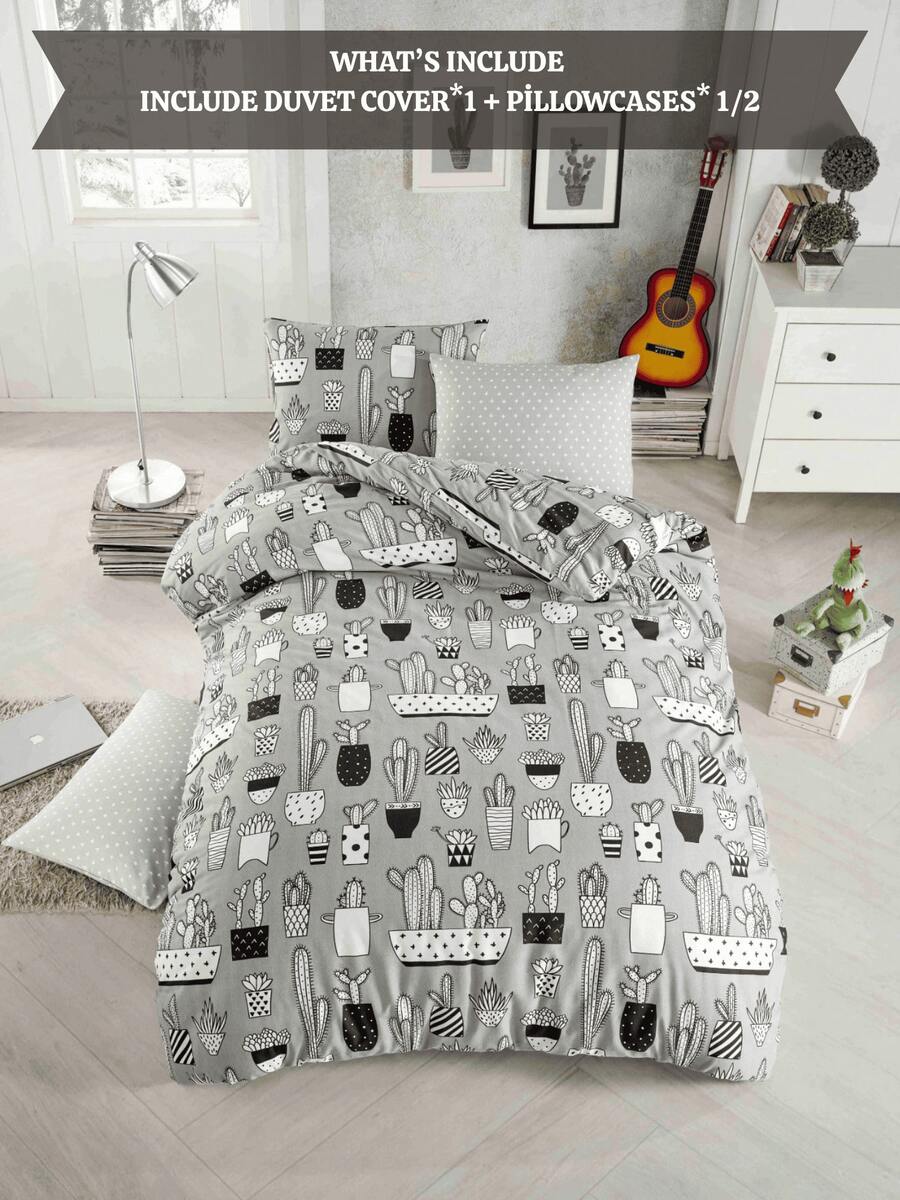 Bedding Set | Single (160x220 Cm – Polyester Blend) & Double (200x220 Cm – 100% Cotton) | With Pillowcase | Button Closure | Made In Turkey - Dark Grey - View 1