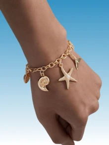 1 件时尚 18K 镀金合金海星贝壳美人鱼吊坠手链，适合日常或度假佩戴