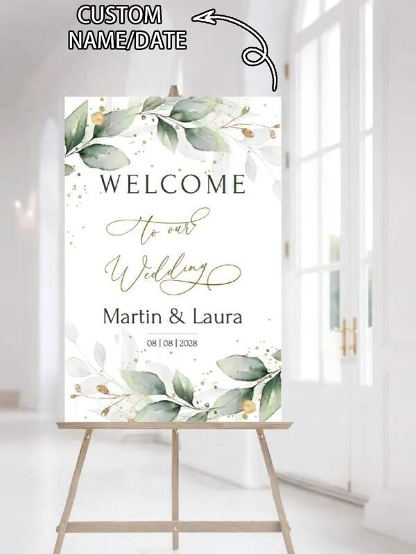 Placa de boas-vindas personalizada para casamento com folha de eucalipto verde (50 x 70 cm) 1 peça 2025, pôster elegante de boas-vindas verde e dourado para impressão, placa de boas-vindas personalizada em estilo minimalista para casamento, placa de boas-vindas botânica para casamento, placa de boas-vindas para casamento desconectado, decoração personalizada para cabine de fotos de casamento, decoração para despedida de solteira, várias opções de tamanho