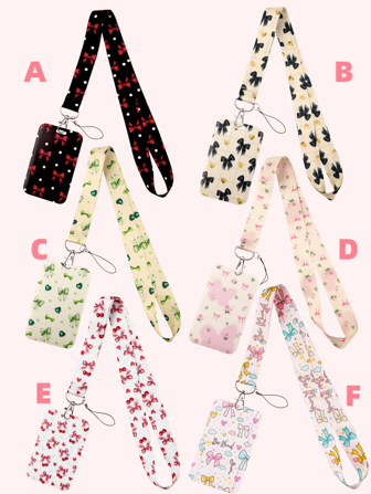 2件套蝴蝶结证件卡套（卡片+挂绳） - 樱桃和郁金香蝴蝶结设计，非常适合学校、公交卡、工作证、返校必备品、教师和学生礼物、汽车配件、可爱哥特风Y2K包包配件、带证件卡套的挂绳、汽车配件、包包挂饰、圣诞节汽车朋友姐妹礼物创意