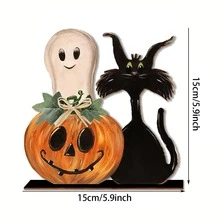 万圣节装饰室内万圣节木质标牌万圣节装饰南瓜鬼魂装饰桌标万圣节分层托盘装饰乡村农舍家居客厅装饰 - 彩色 - 查看 6
