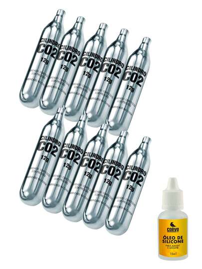 Kit 10 Cilindro Gás Co2 12g e 1 Óleo de Silicone Corvo Shop 15ml