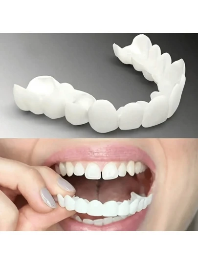 舒适贴合自然白色上下假牙套装，带储物盒 - 完美笑容，易于安装，适合所有牙齿形状