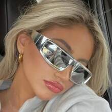 1pc Polygonal Wrap-Around Y2K Futuristic Techno Silver Color Sports Fashion Glasses, Fashionable Wraparound Shape Shades