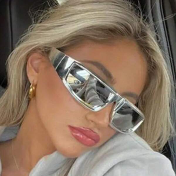 1pc Polygonal Wrap-Around Y2K Futuristic Techno Silver Color Sports Fashion Glasses, Fashionable