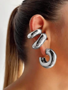 4pcs Hoop Earrings Set - Exaggerated European And American Hip Hop Style Hollow Cylinder & Tube Earrings, Non-Pierced Ear Cuff, Plated Gold - Silver - View 2