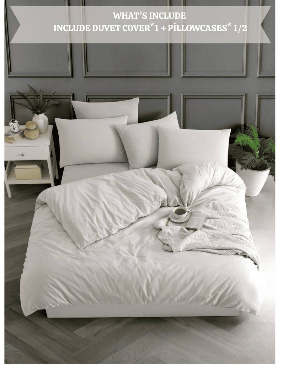 Yarn-Dyed Bedding Set | Single (160x220 Cm – Polyester Blend) & Double (200x220 Cm – 100% Cotton) | With Pillowcase | Button Closure | Made In Turkey - White - View 1