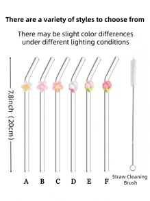 1 pièce/6 pièces Pailles en verre résistantes à la chaleur avec décoration florale, convenant pour boire du jus, du thé au lait, du café, des boissons froides. Design de paille incurvée avec décoration de fruits. Fournitures scolaires, rentrée scolaire, cadeau pour petite amie, petit ami, parents, amis