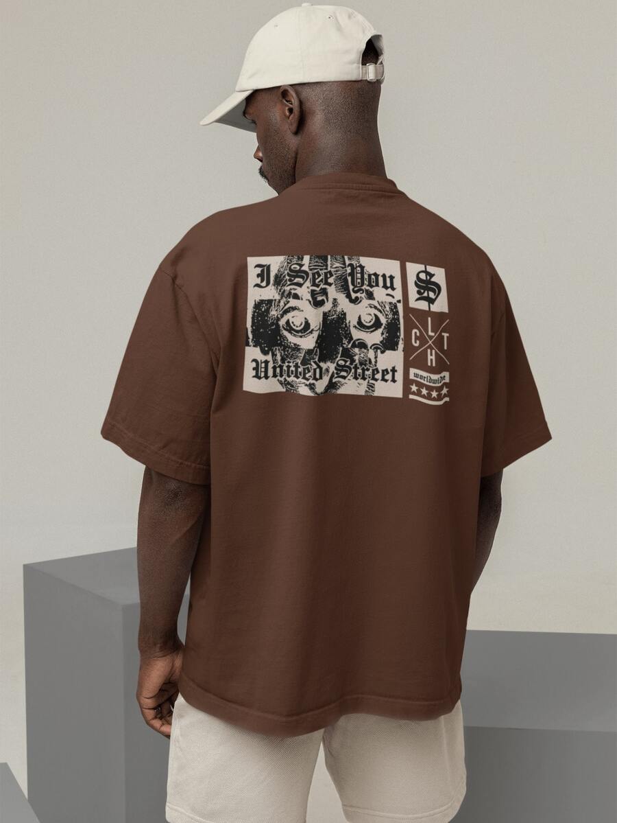 Oversized T-Shirt Turtleneck Streetwear Cotton Urban Style Workout Casual Black And Brown Printed - Rỉ Nâu - Xem 1