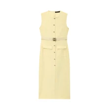 Vestido sin mangas con cuello redondo, decoración de botón delantero y cinturón de cintura, nueva llegada de verano de Seelio para mujer