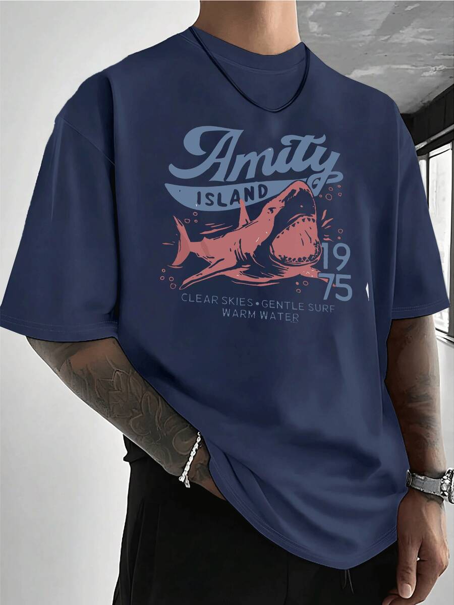 PAYEAH Jaws Shark Men's T-Shirt (Single Piece)100% Cotton 220g Heavy Cotton T Shirt - Màu xanh lam - Xem 1