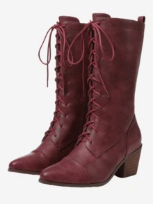 Women's Easter Leather Burgundy Mid Calf Boots Lace Up Chunky Heel Vintage Combat Heeled Dress Casual Boots Country Concert Combat Boots For Women - Màu Đỏ Sâu - Xem 7