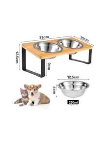 宠物碗，小型犬猫碗，竹子和不锈钢材质，防溢，加高喂食碗，容量大，颈部保护设计