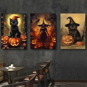 YIKES 1/3PCS Weird Halloween Witch Canvas Mural - Optional Frame Retro Elegant Decorative Painting With Jack Lantern And Bat, Perfect For Home Decoration, Living Room, Bedroom Or Office Retro Halloween Decoration