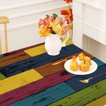 1pc Retro Wood Grain Patchwork Tablecloth, Natural Style, Elastic Edges, Easy To Clean, Suitable For Family Gatherings, Outdoor Picnics, Themed Parties, Indoor/Outdoor Use