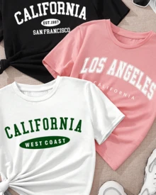 SET 3 CAMISETAS DE CUELLO REDONDO MANGA CORTA IDEAL PARA TI,PLAYERA NEGRA ESTAMPADO DE CALIFORNIA SAN FRANCISCO,PLAYERA  ROSA LOS ANGELES CALIFORNIA ,PLAYERA BLANCA ESTAMPADO DE  CALIFORNIA WES COST. - Multicolor - Ver 3