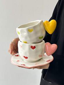 Cabin Kangaroo 1 套手工制作的不对称心形陶瓷杯碟套装，日式高品质釉下花卉装饰，适用于水、牛奶、茶、咖啡、办公室、生日、节日礼物