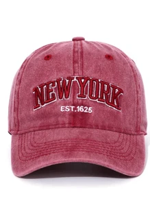 1 pezzo Cappellino da baseball vintage lavato rosso - Ricamato "NEW YORK EST.1625", stile vintage unisex, cappelli per la stagione del ritorno a scuola degli studenti, regolabile per uscite casual e viaggi