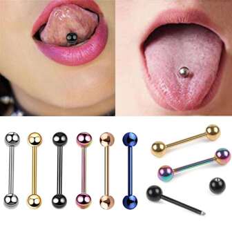 6pcs/Set Stainless Steel Double Ball Tongue Rings, Suitable For Daily Wear