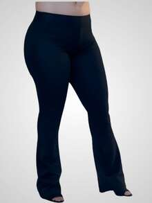 Plus Size Flare Pants Thick Fabric High Waist Women's Ballerina Bell Bottom Polyester Zero Transparency Curve - 黑色 - 查看 4