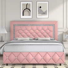 Twin/ Full/ Queen/ King Size Bed Frame, Upholstered Bed Frame With Diamond Headboard And Footboard, White/ Beige/ Black/ Grey/ Pink/ Purple/ Green