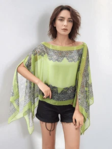 1 件女士雪纺印花披肩斗篷，轻盈露肩外套，夏季海滩罩衫 - 彩色 - 查看 4