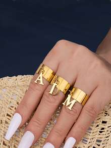 2025 最新时尚 26 个字母 A-Z 吊坠开口戒指，18K 镀金不锈钢可调节珠宝拇指环，男女皆宜，日常佩戴 - 金色 - 查看 6