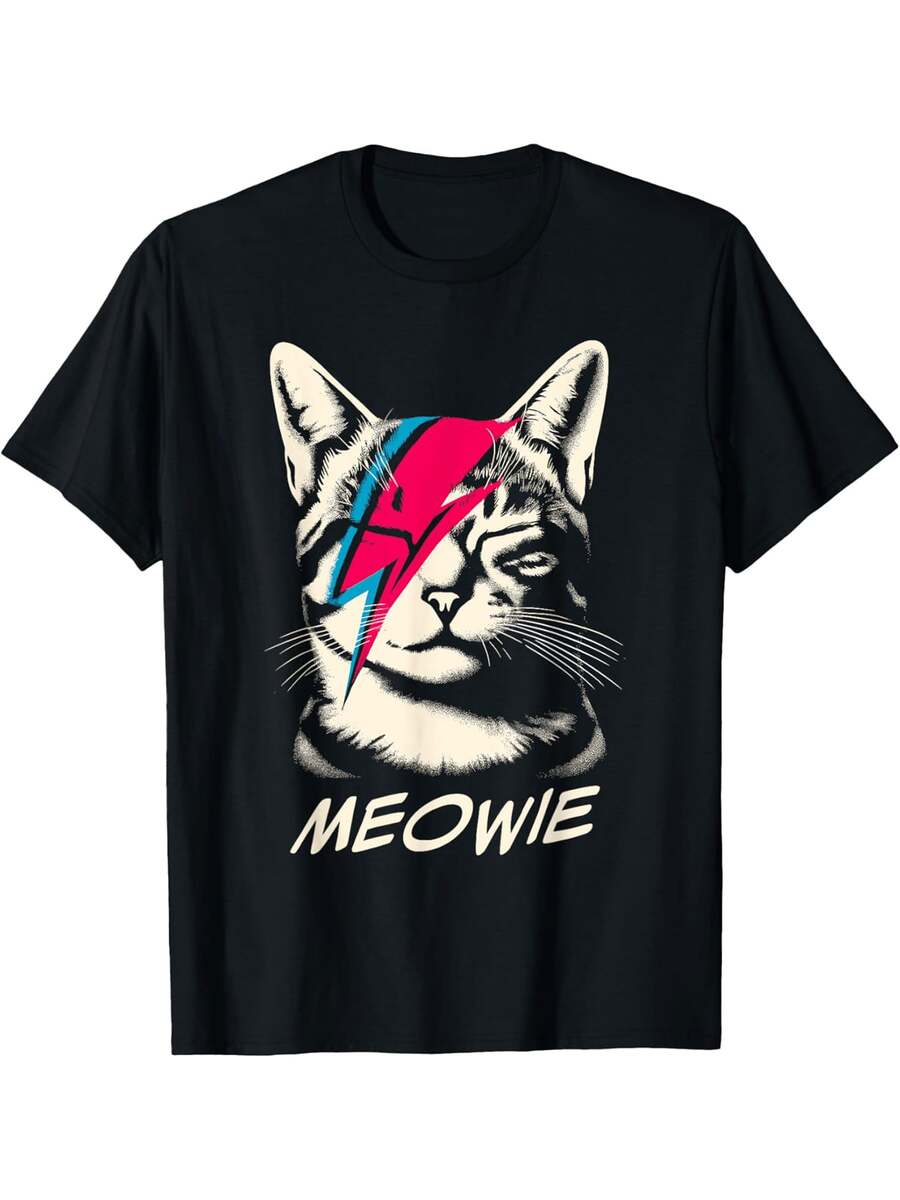 Meowie Cat Rock Music Concert Band Men Funny Cat T-Shirt Selected Pure Cotton Interesting Design DIY Short Sleeve T-Shirt For Men, Soft And Breathable, Comfortable, Casual And Sports, Halloween And Christmas Gift, PLUS SIZE, L-5XL - màu đen - Xem 1