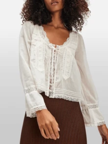 Women Tie Front Shirt Top Y2k Fairy Lace Trim Long Sleeve Bow Decor Crewneck Button Front T Shirts Blouses Loose Fit Boho Peplum Shirt Cardigan Spring Summer Going Out Tops Beach Vacation Coquette Clothes - 白色 - 查看 2