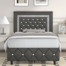 Twin/ Full/ Queen/ King Size Bed Frame, Upholstered Bed Frame With Diamond Headboard And Footboard, Pearl White/ Beige/ Black/ Grey/ Pink/ Purple/ Green - Xám - Xem 6
