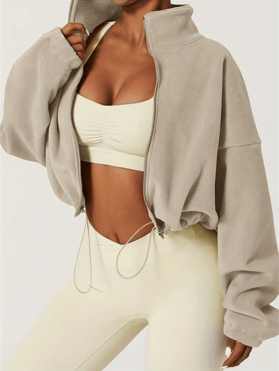 Winter Plus Size Women Solid Color Sherpa Zip-Up Sweatshirt, Drawstring Waist Design, Sporty & Fashionable, Comfortable & Elegant Casual Sweatshirt, Suitable For Christmas, Autumn/Winter