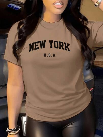 Camiseta Manga Corta Cuello Redondo Estampado New York  Mujer