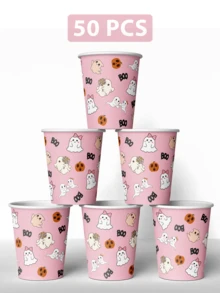 50/20 Pack Halloween Ghost Disposable Cups, Cute And Funny Ghost Paper Cups Halloween Decorations, Great For Halloween Parties, Juice Cups, Tea Cups, Coffee Cups, Pink