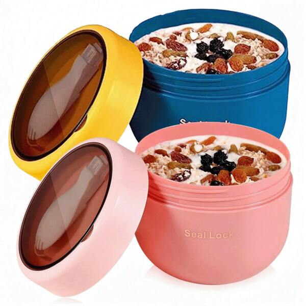 1pc Oatmeal Cup, Portable Breakfast Cup & Soup Bowl, 21.12 Oz, With Lid & Plastic Spoon, Reusable And Durable PP Microwaveable, For Overnight Oats Or Oatmeal Breakfast, Great For School, Office, Camping (Random Color)