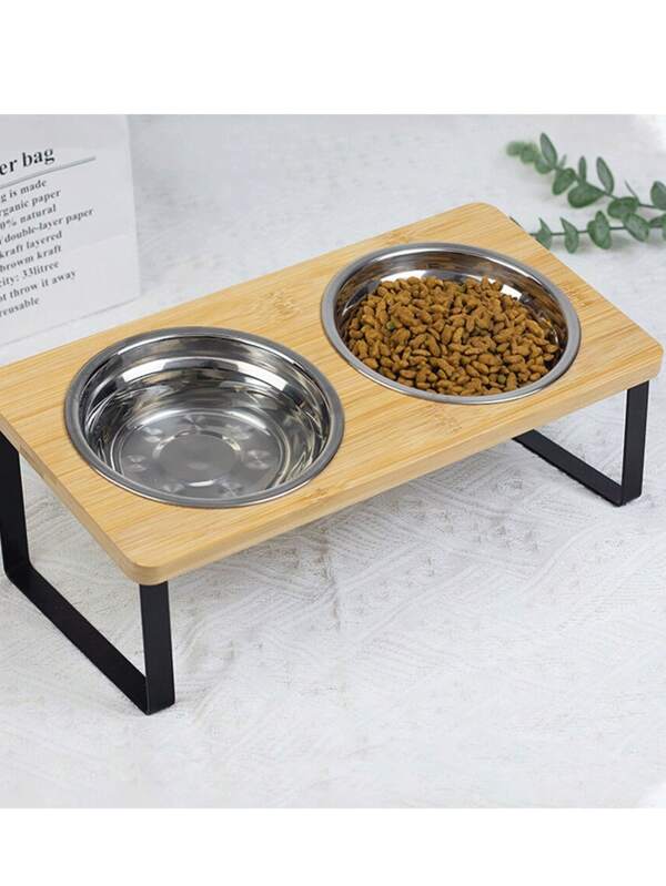 Pet Bowl, Small Dog & Cat Bowl, Made Of Bamboo & Stainless Steel, Anti-Spill, Raised Feeder Bowls, Large Capacity & Neck Protection Design