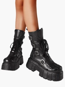 Women'S Y2K Style Punk Rock Platform Sneakers, Solid Color Lace-Up Mid Calf Booties, Non-Slip Rubber Sole, Comfortable Low Top Round Toe Boot With Thick Sole - 黑色 - 查看 6