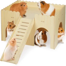 Grande Esconderijo de Madeira para Porquinho-da-Índia com Rampa - Casa Castelo de Estimação de Fácil Montagem para Coelhos, Hamsters e Animais Pequenos