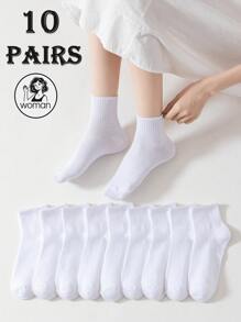 10 Pairs Women's White Breathable Comfortable Casual Short Socks, Suitable For Daily Leisure Wear/School Wear For Female Students
