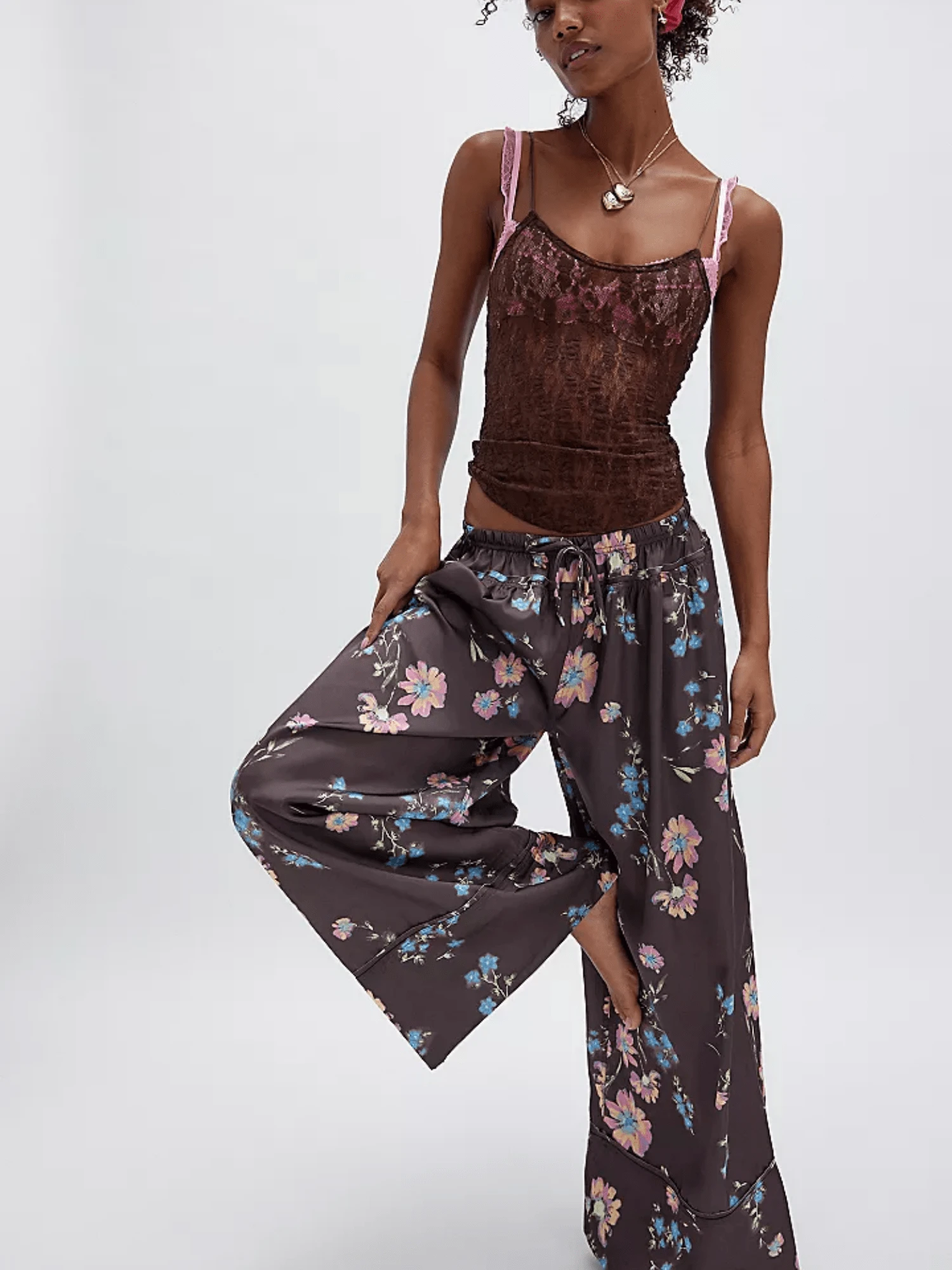 Women's Comfy Stretch Floral Print Drawstring Palazzo Wide Leg Lounge Pant - Black - View 1