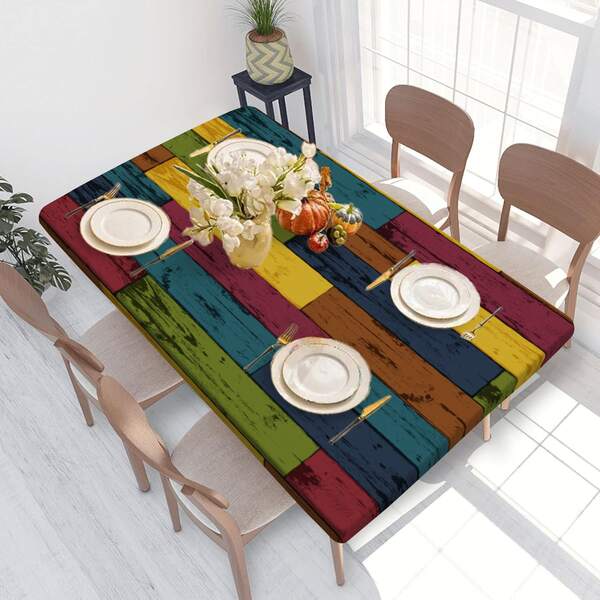 1pc Retro Wood Grain Patchwork Tablecloth, Natural Style, Elastic Edges, Easy To Clean, Suitable For Family Gatherings, Outdoor Picnics, Themed Parties, Indoor/Outdoor Use