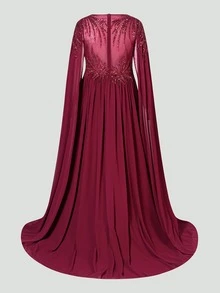 Faeriesty 曲线加大码女士优雅奢华珠饰闪亮亮片雪纺正式礼服，飘逸披肩袖，修身胸衣闪耀夺目，适合奢华宴会、高端慈善晚宴、夏季假日派对、婚礼等场合。 - 酒紅色 - 查看 11