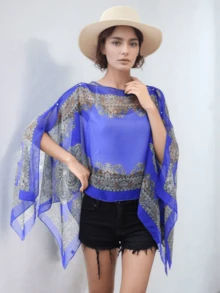 1 件女士雪纺印花披肩斗篷，轻盈露肩外套，夏季海滩罩衫 - 彩色 - 查看 5