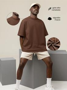 Oversized T-Shirt Turtleneck Streetwear Cotton Urban Style Workout Casual Black  And Brown Printed - 鏽棕色 - 查看 2