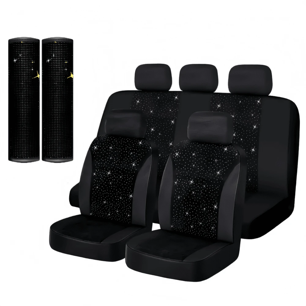 9pcs Set, White Rhinestone Car Seat Covers, Easy Clean, Durable, All-Season, Hand Washable, Polyester - Universal Vehicle Seat Protector, Compatible With Multiple Models, Fits Most Cars, Free 2 Shoulder Protectors - 均碼 - 查看 1