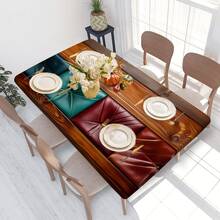 1pc Retro Wood Grain Patchwork Tablecloth, Natural Style, Elastic Edges, Easy To Clean, Suitable For Family Gatherings, Outdoor Picnics, Themed Parties, Indoor/Outdoor Use
